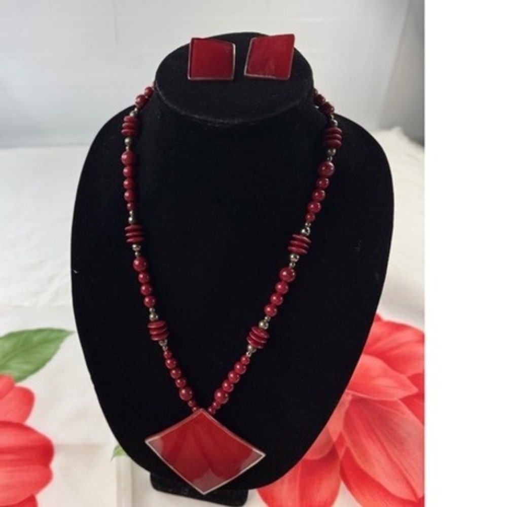 Karla Jordan Red Beaded Statement Necklace and Square‎ Stud Earring Set